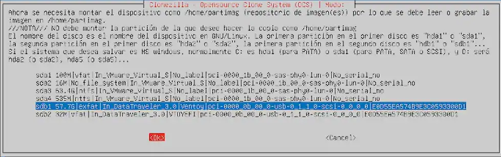Donde vamos a guardar la imagen de backup generada desde un disco utilizando clonezilla