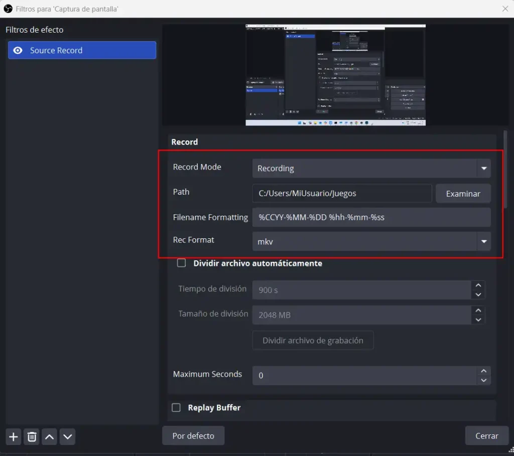 Configuración del plugin Source Record en OBS